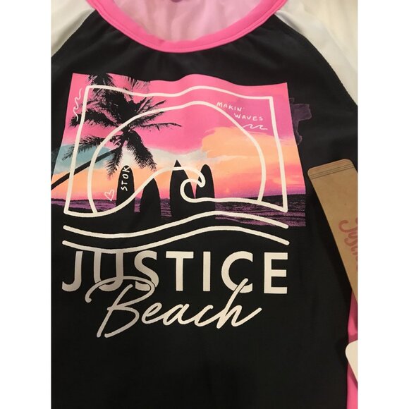 Justice Girls' S/P Short Sleeve Swim Set UPF 50+ Pink/Black/White Beach Rash - Picture 4 of 6